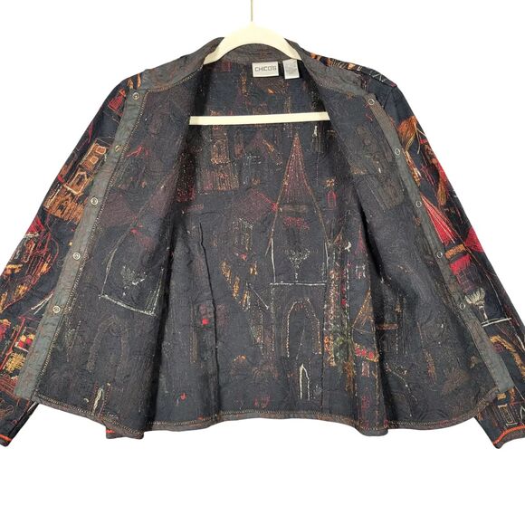 CHICOS Black Red Artsy Town Building Temple Embroider Jacket SIZE 1 US MEDIUM 8 - Picture 2 of 14